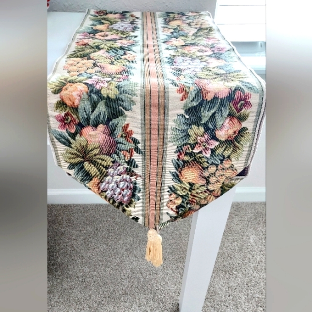 Fall Thanksgiving Table Runner  Tapestry Leaves Fruit Tassels 76 Inches